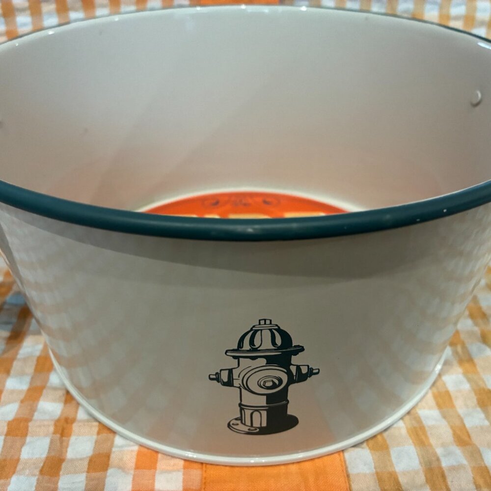 Enameled firehouse-themed large pet food .bucket. NWT